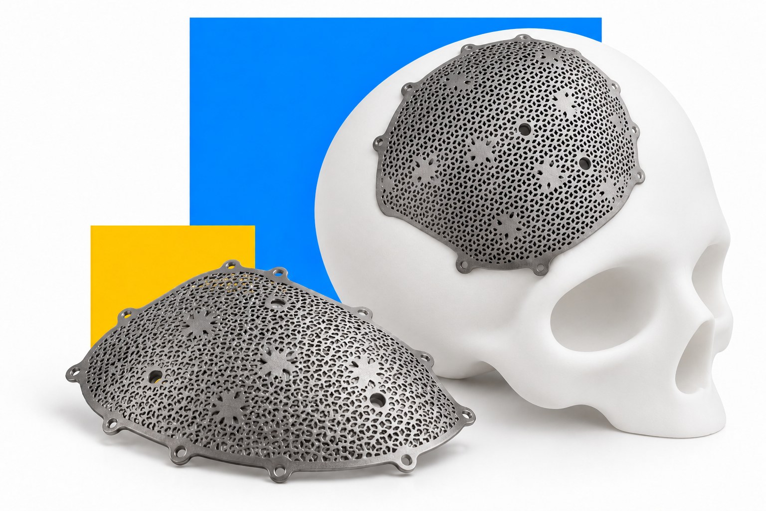 3D-printed titanium implant on a stylised skull model — head and face reconstruction